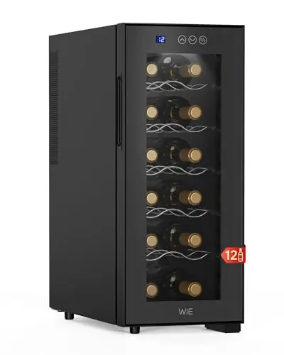 WIE Cave à Vin 12 Bouteilles 33L Cave à Vin Mini 8-18°C, Silencieuse, Façade Miroir, Tactile Écran, Intérieur LED, Mini Réfrigérateur