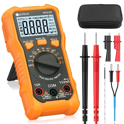 Neoteck Multimètre Numérique 2000 Comptages Testeur Électrique AC DC Courant Tension Résistance Capacité NCV Fréquence Température avec Pince Crocodile (Orange, 2000 Counts / 600V 10A)