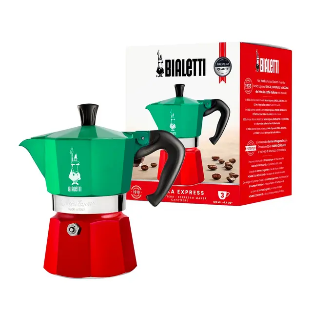 Bialetti - Collection Moka Express Italia: La Cafetière Expresso Iconique, Qui Fait Du Véritable Café Italien, Cafetière Moka 3 Tasses (130 Ml), Aluminium, Coloré En Rouge, Vert Et Argent