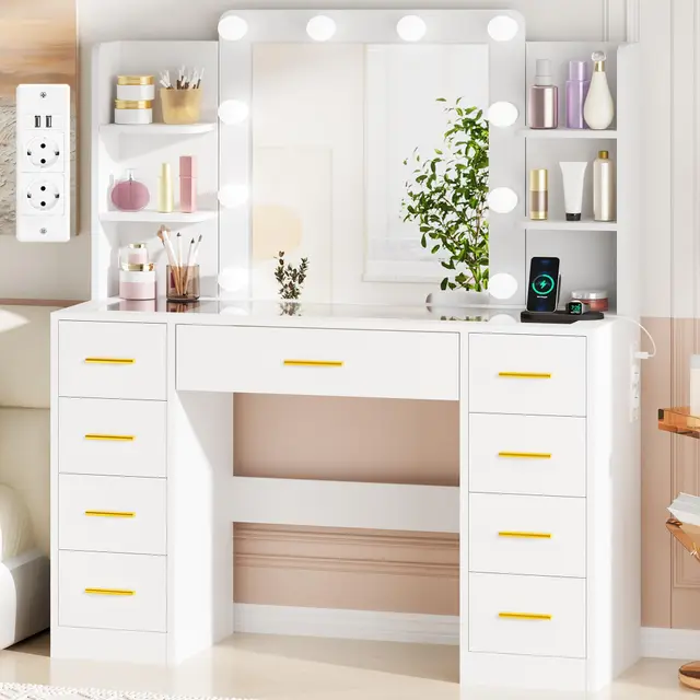 BEWISHOME Grande Coiffeuse avec Miroir et LED lumières,Luminosité Réglable,Coiffeuse avec Plateau en Verre,Table de Maquillage avec Multiprise,9 Tiroirs,4 Étagères Ouvertes Moderne Blanc EFST39W