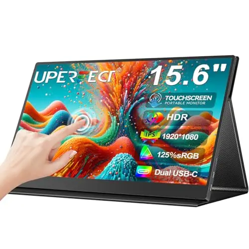 UPERFECT Écran Tactile Portable 15.6" 125% sRGB Moniteur Portable Mat 2000:1 Contraste 1080P Étui en Cuir Multifonctionnel et Compatible VESA, Double USB C pour Ordinateur/Téléphone/Console de Jeu