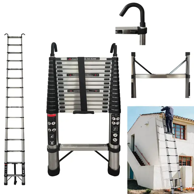 Échelle télescopique en acier inoxydable avec crochet amovible, échelle télescopique multi-usages, avec pieds antidérapants, 14 échelons, charge maximale : 150 kg (4,4 m)