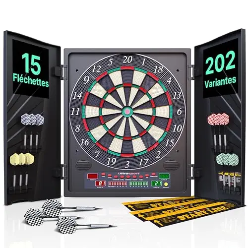 Ultrasport Cible de Fléchettes Électronique avec et sans Portes I Jeu de Fléchettes Électronique pour 1 à 8 Joueurs avec 15 Fléchettes, 15 Plumes, 100 Pointes de Fléchettes, 3 Lignes de Chute