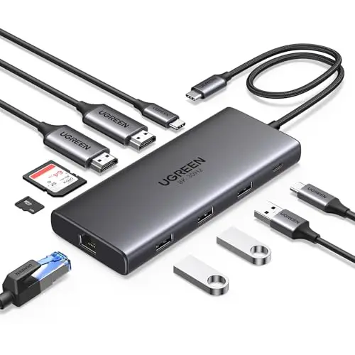 UGREEN Revodok Pro 210 Hub USB C Double HDMI 4K60Hz 8K30Hz Extension 2 Écrans 10 en 1 Docking Station Accueil Adaptateur Ethernet Gigabit PD 100W Charge Lecteur de Carte SD TF Multi Data Ports 3A1C