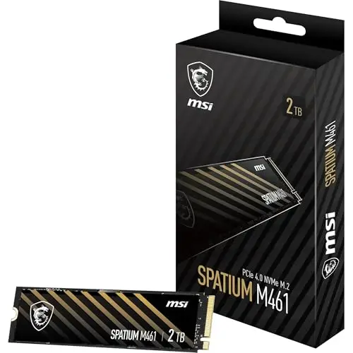 MSI SPATIUM M461 PCIe 4.0 NVMe M.2 2TB - Disque SSD Interne 2 to, PCIe 4.0 NVMe M.2, Lecture 5000 MB/s & Écriture 4200 MB/s, 3D NAND, Sécurité des Données Intégrée, Center, 450 TBW, Garantie 5 Ans