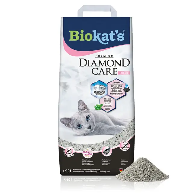 Biokat’s Diamond Care Fresh au parfum de talc - Litière fine pour chats au charbon actif et à l’Aloe vera - 1 sac (1 à 10 l)