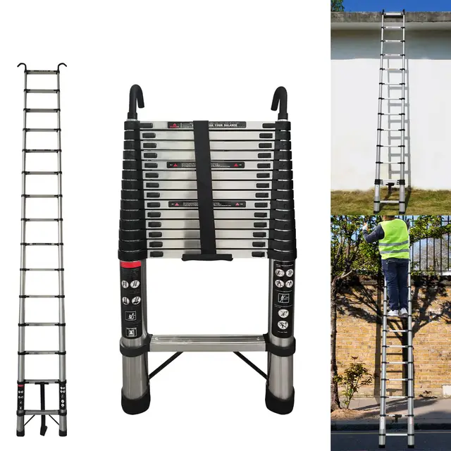 Échelle télescopique en acier inoxydable 4,4 m avec crochet amovible, échelle télescopique multifonction, avec pieds antidérapants,14 échelons pour usage domestique et extérieur Charge maximale 150 kg