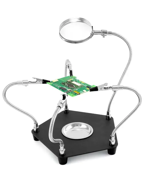 QWORK® Station de soudage de troisième main avec loupe 3X et 4 bras flexibles, aide à la soudure pour l'électronique, les bijoux, l'artisanat et plus encore