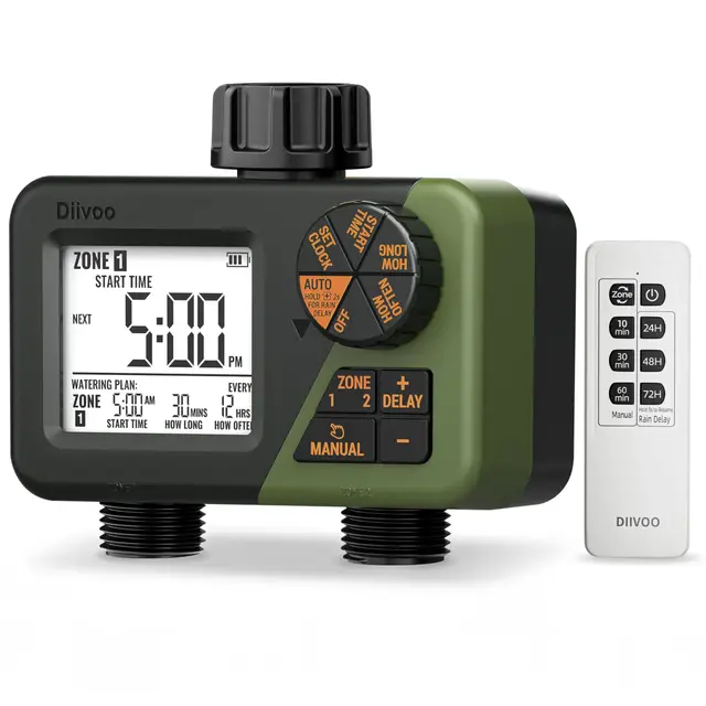 Diivoo RF Télécommande Programmateur Arrosage 2 Voies, Minuteur Arrosage avec Étanchéité IP66, Grand Écran LCD, Retard de Pluie, Arrosage Manuel pour Pelouse et Jardin