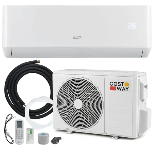 COSTWAY Climatiseur Monosplit 12000 BTU 3,4 kW, Clim Inverter Réversible Pompe à Chaleur, R32, Classe A++ / A+, Faible Consommation, Unité Intérieure et Extérieure, Auto-nettoyage, Kit d’Installation
