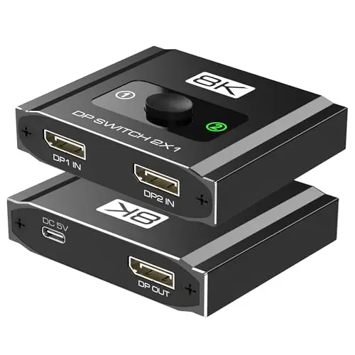 Commutateur DisplayPort 2 en 1, 8K @ 30 Hz, 4K @ 120 Hz, résolution DP 1.4, commutateur DisplayPort compatible avec PC, ordinateur portable, moniteur, jeux, TV, NVIDIA, AMD