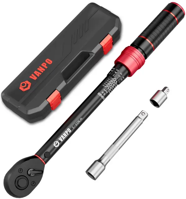 VANPO 3/8" Clé Dynamométrique 5-60Nm, 72 Dents Voiture y Moto Clés Dynamométriques 3 Pièces jeu avec 125mm Barre d'extension, 1/4" Adaptateur, pour Remplacement de Bougie D'allumage