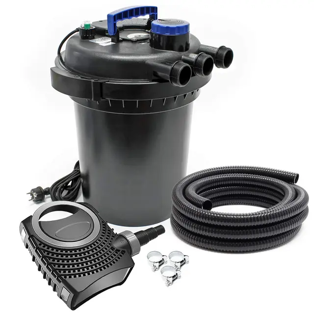 SunSun Kit complet: CPF-250 Filtre de bassin à pression jusqu’à 10000 L avec 11W lampe uv, NEO3800 SuperEco pompe de filtration 3600l/h 20W, 5m Tuyau 38 mm (1 1/2"), collier de serrage W1 44-47mm