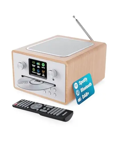 Radio Dab Plus avec Lecteur CD | Bluetooth Poste Radio Internet WiFi | Ampli Tuner CD avec Spotify Connect & Podcast | Écran LED Couleur et Télécommande | Majority Homerton Chêne