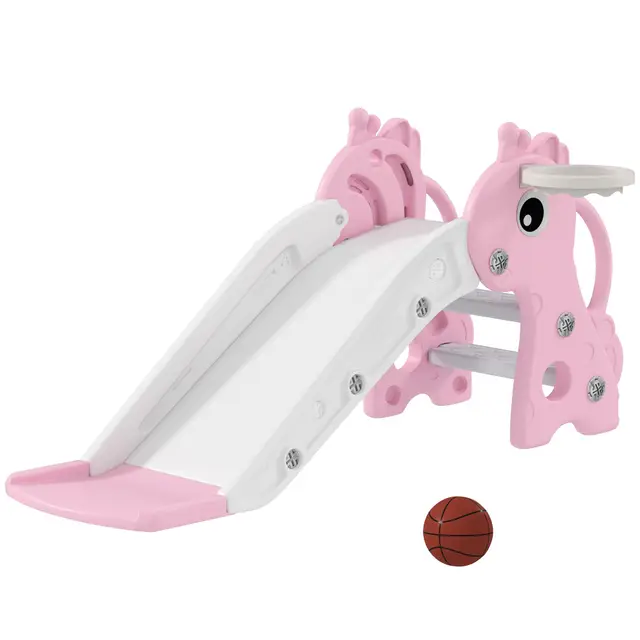 AIYAPLAY Toboggan pour Enfants 3 en 1 en Forme de Girafe avec Panier de Basket, Escalade et Ballon, Toboggan intérieur pour Enfants de 1 à 3 Ans, 106 x 51,5 x 52 cm, Rose