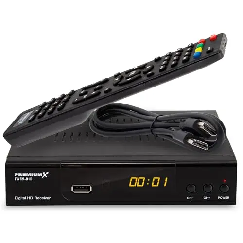 PremiumX Récepteur satellite HD 521 FTA numérique satellite DVB-S2 FullHD HDMI SCART 2X USB lecteur multimédia 12 V Bloc d'alimentation externe