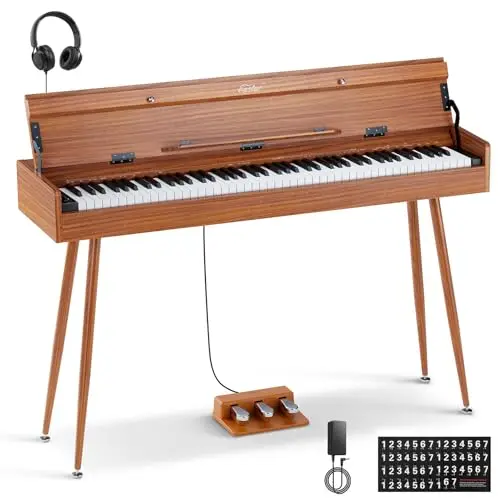 Eastar EUP-100 Piano Numérique 88 Touches, Piano à Clavier Lesté pour Débutant, avec Housse, Casque, Autocollants Musicaux, Triple Pédalier, Connexion Sans Fil, Enregistrement, MIDI - Bois Rétro