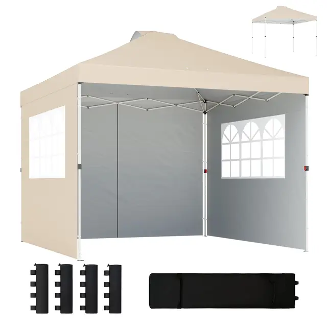 Outsunny Tonnelle de Jardin 3 x 3 m Pop up Tente Pliante réglable en Hauteur imperméable Protection UV50+ tonnelle Pliante avec 3 parois latérales Sacs de Sable Sac de Transport à roulettes crème