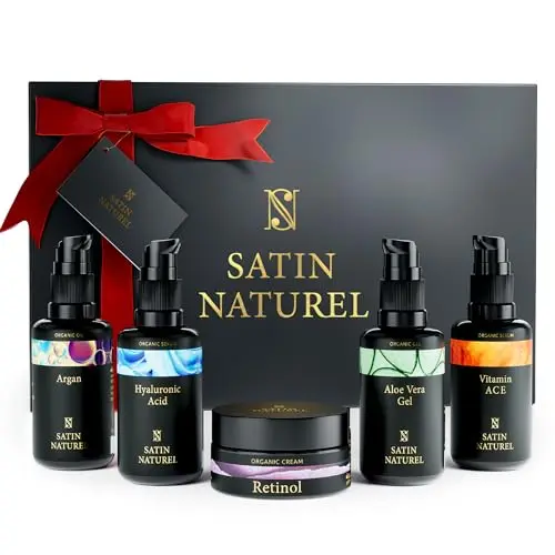 Satin Naturel Coffret Cadeau Femme – 5x30ml Sérums Vitamine C, Acide Hyaluronique, Huile d’Argan Bio, Gel Aloe Vera & Crème Hydratante Visage – Soins Visage Anti-Âge Naturels