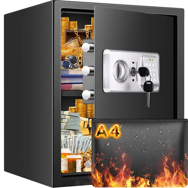 Coffre-fort 50 l ignifuge avec porte-documents étanche ignifuge, coffre-fort numérique avec étagère amovible et système d'alarme, grand coffre-fort pour bijoux, argent, médicaments, documents A4