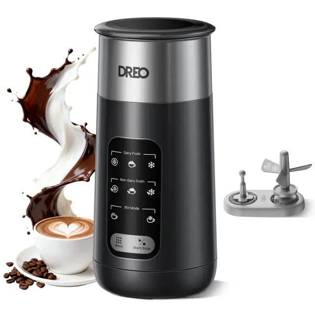 DREO Mousseur à Lait Électrique, 8-in-1 Mousseur Automatique pour Latte, Cappuccino, Chocolat Chaud, 270ml Milk Frother en Acier Inoxydable pour Mousse Chaude et Froide, LED, Facile à Nettoyer
