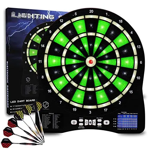 Turnart Jeu de Flechette électronique Lumineux Cible Flechette,6 Flechette Pointe Plastique 50 Pointes Souples 48 Jeu Principals et 500 Jeux Variations Cibles