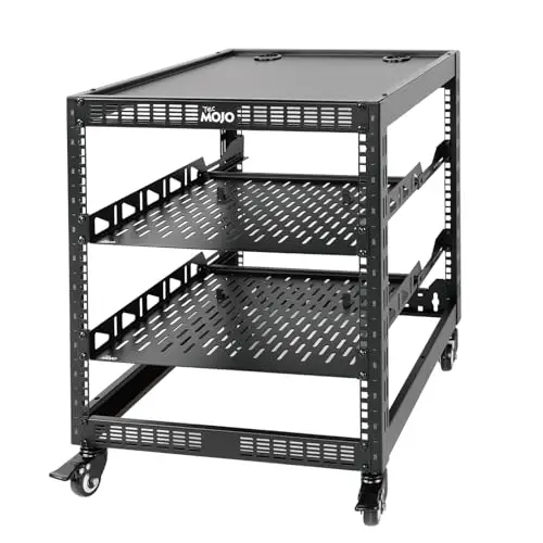 Tecmojo 19 Pouces 12U Rack Réseau à Structure Ouverte, Montage au Sol ou Mural Possible, Armoire Réseau à 4 Montants avec roulettes, Comprenant 2 Étagères 1U et Le Matériel de Montage, Noir