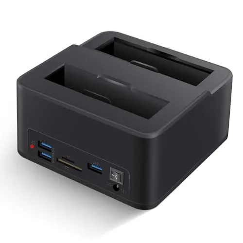 Station d'accueil Double Baie USB 3.0 pour disques durs/SSD SATA 2,5"/3,5" (jusqu'à 2x16TB) avec Lecteur de Cartes SD/microSD intégré. Prend en Charge Le clonage Hors Ligne, Le Plug & Play