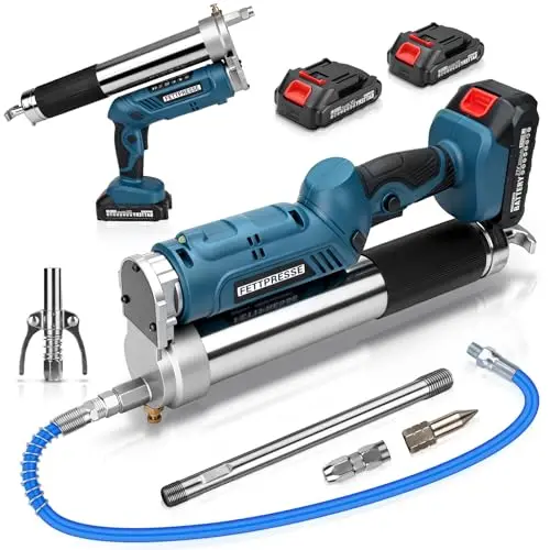 Pistolet à graisse électrique sans fil 12000 PSI avec batteries de 2,0 Ah et chargeur, tuyau haute pression de 100 cm, 3 embouts, moteur sans balais et lampe LED, parfait pour les camions, les fermes