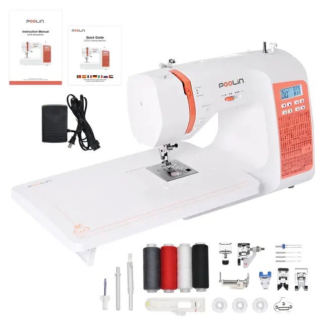 Poolin EOC02 Machine à Coudre Informatisée Complète, écran LCD, table large, boutonnières automatiques 1 étape, enfile-aiguille automatique, 7 pieds presseurs, portable et idéale débutants & confirmés