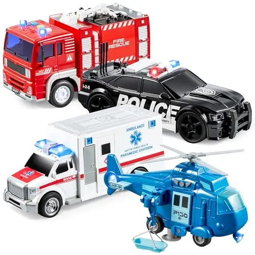 JOYIN Lot de 4 Ensembles de Jeu City Hero Propulsés par Friction Comprenant Un Camion de Pompiers, Une Ambulance, Une Voiture de Police et Un Hélicoptère de Secours