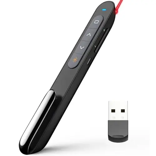 Norwii Télécommande de Présentation Rechargeable pour PowerPoint, Présentateur sans Fil avec Pointeur, Portée 100m pour Enseignants et Conférenciers, Compatible macOS (Rouge - Accu - USB-A)
