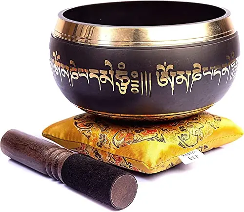Tibetisches Klangschalen-Set – 10,2 cm, Einfach zu Spielen, Authentisch, Handgefertigt, für Meditation, Klang, 7 Chakra-Heilung von Himalayan Bazaar (schwarz und gelb)
