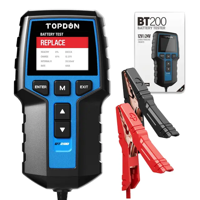 TOPDON Testeur de batterie BT200 12V 24V testeur batterie voiture Test de Lancement Test de Recharge pour Batteries 100-2000 CCA
