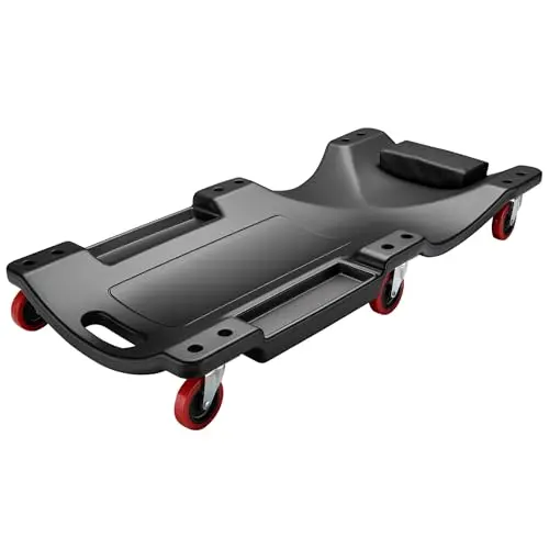 WilTec Chariot de Visite Mécanicien 90 x 40 x 14 cm Noir 90kg Appui-tête Range-Outils Planche à roulettes pivotantes Siège d’Atelier Coulissant Ergonomique Garage Auto