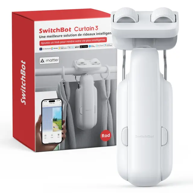 SwitchBot Poussoir de Rideau Intelligent - Télécommande Bluetooth avec App/Minuteur, Moteur Performance Amélioré, Ajoutez SwitchBot Hub pour Le Rendre Compatible avec Alexa et HomeKit(Curtain 3,Rod)