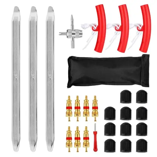 Kit de 27 pièces de démonte-pneus, leviers de 30 cm / 11,8 pouces, avec 3 protections de jantes, outils de montage de pneus pour moto, vélo, voiture, scooter