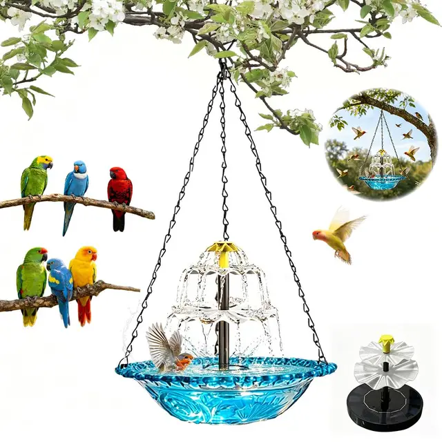 Abreuvoir Oiseaux avec Fontaine Solaire, SGZIOO Bain d'oiseaux Solaire Suspendu, Mangeoire Oiseaux, Fontaine à Oiseaux avec Chaînes de Suspension en Métal pour Jardin, Cour et Terrasse