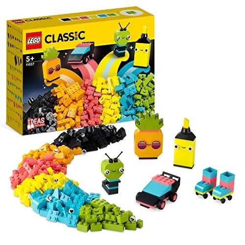 LEGO 11027 Classic L’Amusement Créatif Fluo, Jouet Briques, avec Modèles : Voiture, Ananas, Alien, Rollers, Personnages et Plus, pour Garçons et Filles Dès 5 Ans