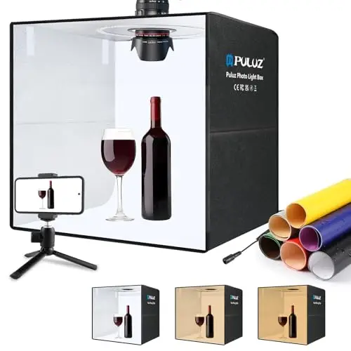 50cm Studio Photo,PULUZ Boite a Lumiere pour la Photographie Portable Box Photo Lumineuse Grand Kit de Tente pour Cabine Photo avec 160 LED Dimmable, 12 Toiles de Fond de Couleur