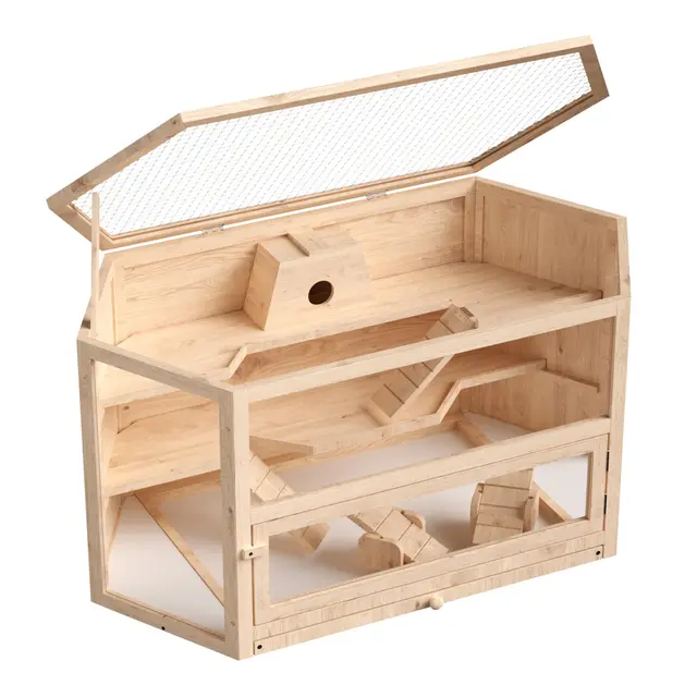 Wiltec Clapier XXL – 115 x 60 x 58 cm – 3 étages – Bois Sapin – avec Rampes, Couvercle Rabattable et fenêtre d'observation – Cage hexagonale pour rongeurs Hamsters Lapinière Nichoir