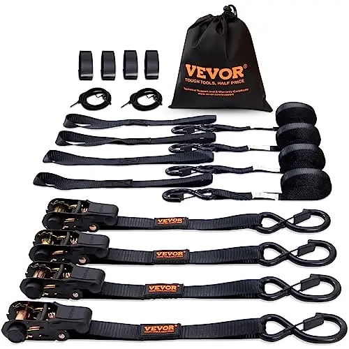 VEVOR Sangle à Cliquet Lot de 4 Sangles d'Arrimage Résistance à la Rupture Maximale 998 kg 0,025 x 4,6 m pour Sécuriser Cargaisons, Appareils Électroménagers, Équipement de Jardin, Motos, Déménagement