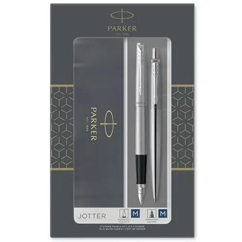 Parker Jotter Duo coffret-cadeau avec stylo bille et stylo plume | acier inoxydable avec attributs chromés | recharge et cartouches d’encre bleue | coffret-cadeau