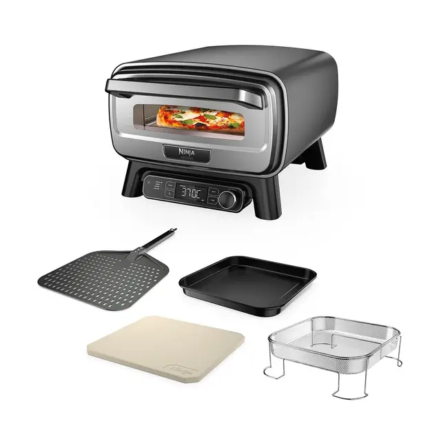 Ninja Artisan Four à pizza et friteuse sans huile électrique d’extérieur, avec 4 modes : Pizza, Frire sans huile, Cuire au four, Faire lever, Avec pierre, pelle, plateau, panier Crousti, Gris MO201EU
