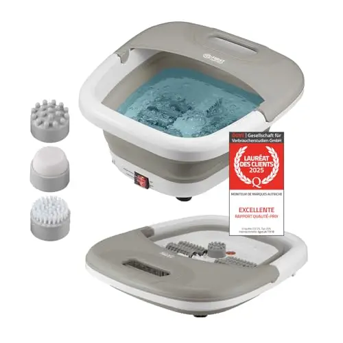 TZS First Austria - Bain de Pieds 500W - Appareil de massage des pieds avec 3 accessoires & 8 rouleaux - Massage par vibrations & bulles, infrarouge & fonction chauffante - Pliable jusqu'au 47 - Gris