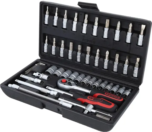 KS TOOLS 911.0646, Caisse à Outils en Coffret de Douille et Accessoires Compacte, Outillage Mécanique Chrome Mat avec Clé à Cliquet 1/4", Assortiment Varié au Profil F6-46 Pièces Argent/Noir/Rouge