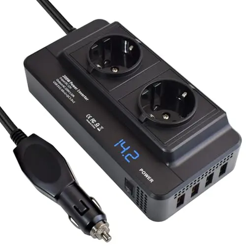 Onduleur 12V 220V 230V 240V 200W Prise Allume Cigare, Charge Rapide PD36W QC3.0 2 Prises EU 4 Ports USB Type-C, Affichage Numérique pour Voiture Camping Camping-Car Bateau
