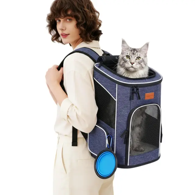 Morpilot Sac à Dos, Sac Transport Chat Chien Respirant et Pliable pour Petits Chats et Chiens Chiot, Sac à Dos de Transport Chat avec Sangle de Sécurité Intérieure (33 * 28 * 42cm) + Bol