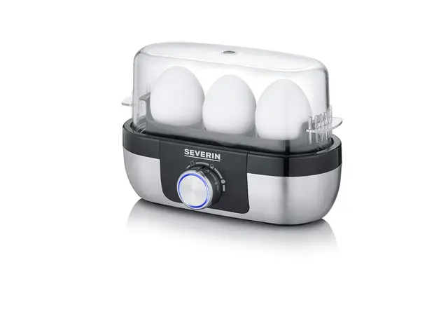 SEVERIN Cuiseur à œufs 270 W, Appareil de cuisson pour 1 à 3 œufs, Doseur d'Eau et Perce-Œufs Inclus, Cuit-œufs avec contrôle électronique du temps de cuisson, Inox, EK 3163