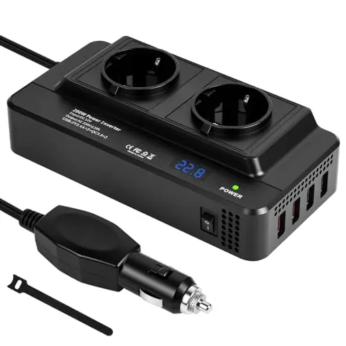 URAQT Convertisseur 12V CC à 230V CA 200W, Prise Allume Cigare Transformateur de Tension avec 2 Prises AC EU et 4 Ports USB, Écran LCD Numérique Chargeur Voiture Camping Car avec Multi-Protections